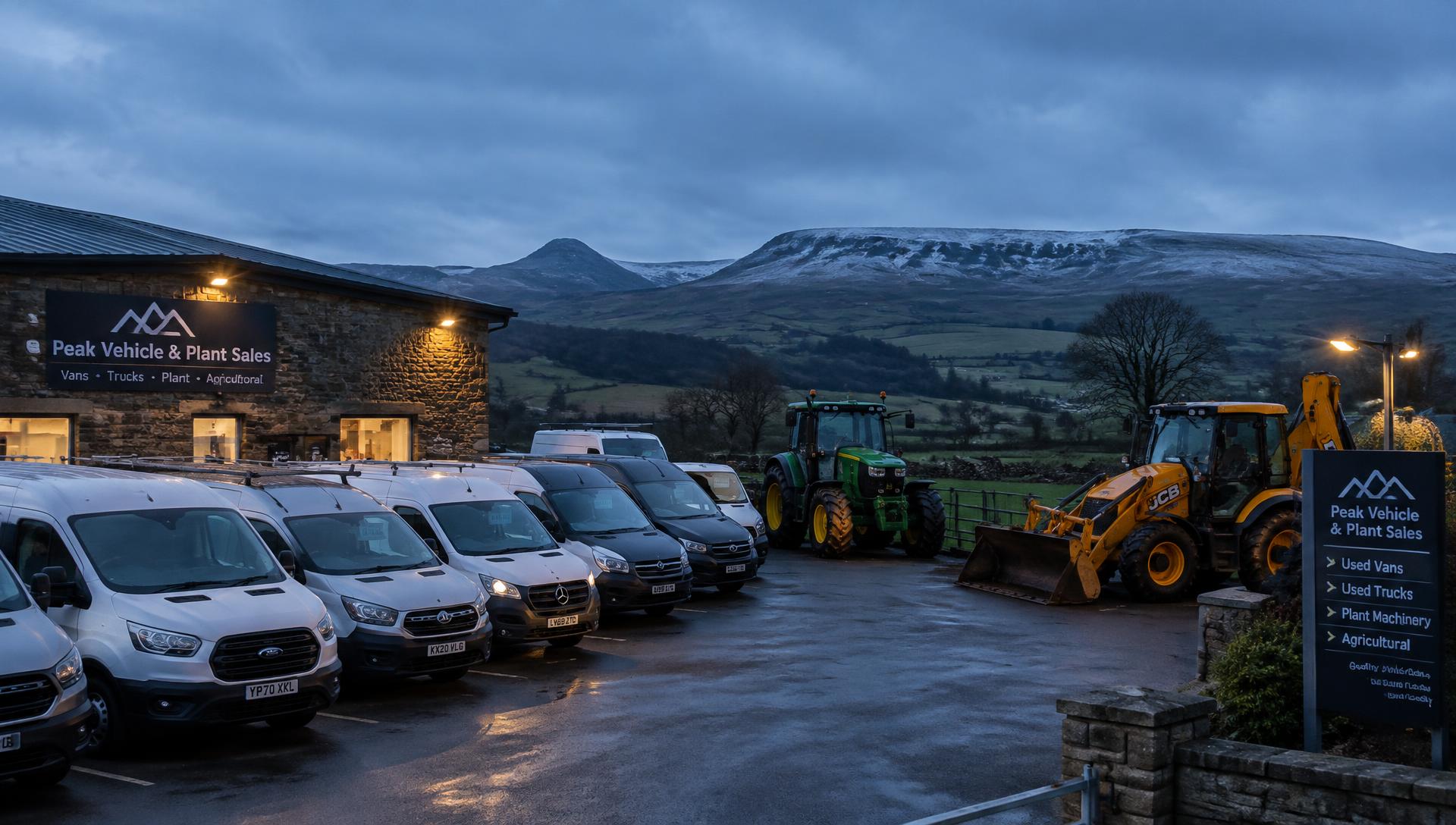 Used vans, a tractor and a backhoe loader at a UK vehicle yard